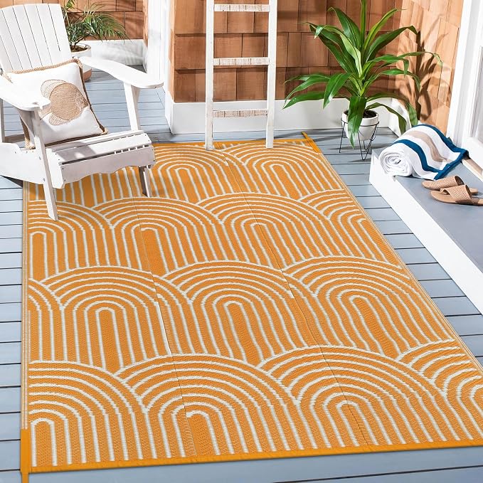 Lahome Outdoor Rugs 6x9 Patio Waterproof, Plastic Straw Rug Reversible RV Mat, Large Portable Outside Camping Carpet for Porch Floor Balcony Deck Tent Fall(Rainbow Orange, 6'x9')