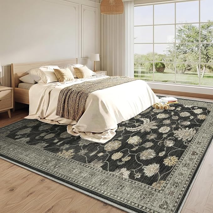5x7 Area Rug for Living Room-Vintage Farmhouse Boho Floral Washable Stain Resistant Indoor Carpet for Bedroom Office and Home Decor(Black&Gold)