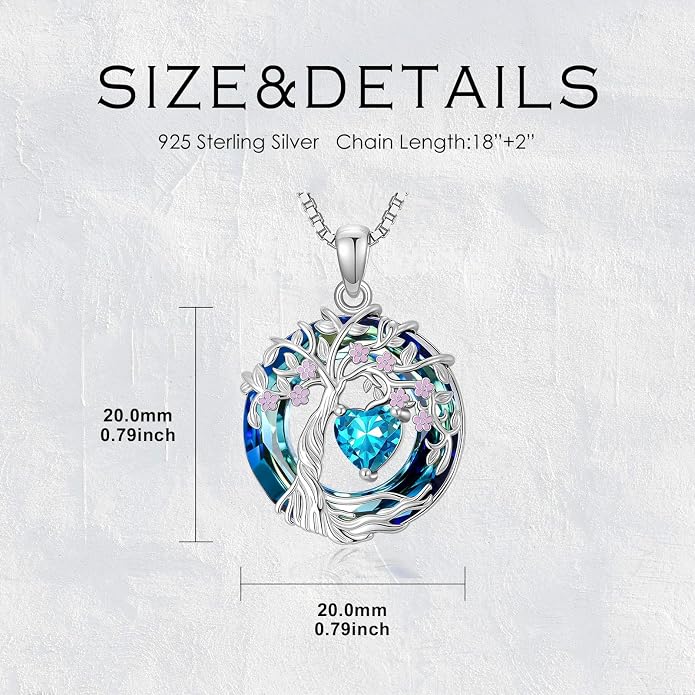 Tree of Life Birthstone Necklace 925 Sterling Silver Crystal Tree of Life Pendant Birthstone Jewelry Birthday Christmas Gifts for Women Mom Her Wife