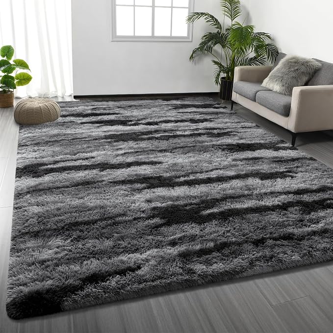 Deerhoo Large Shag Area Rugs 5 x 8, Tie-Dyed Plush Fuzzy Rugs for Living Room, Ultra Soft Fluffy Furry Rugs for Bedroom, Anti-Skid Indoor Carpet Nursery Rugs for Kids Room Home Decor, Black Gray
