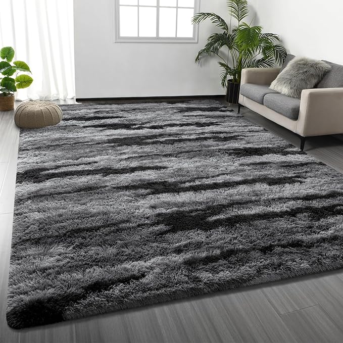 Deerhoo Shag Area Rug, 4 X 6 Tie-Dyed Plush Fuzzy Rugs for Living Room, Ultra Soft Fluffy Furry Rugs for Bedroom, Anti-Skid Indoor Carpet Nursery Rugs for Kids Room Home Decor, Black Gray