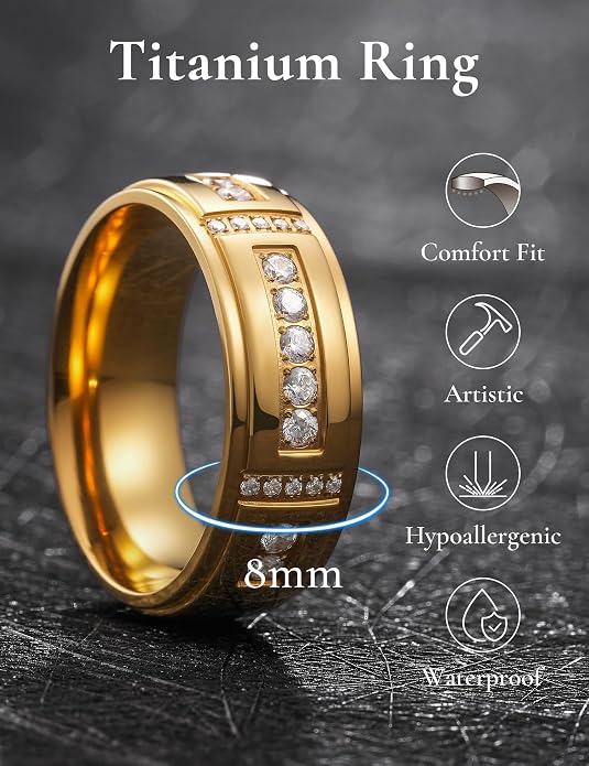 King Will Men's Titanium Wedding Band - 8mm Polished Band with Step Edges and Cross Design Featuring White Zirconia Insets Comfort Fit Size 7-14