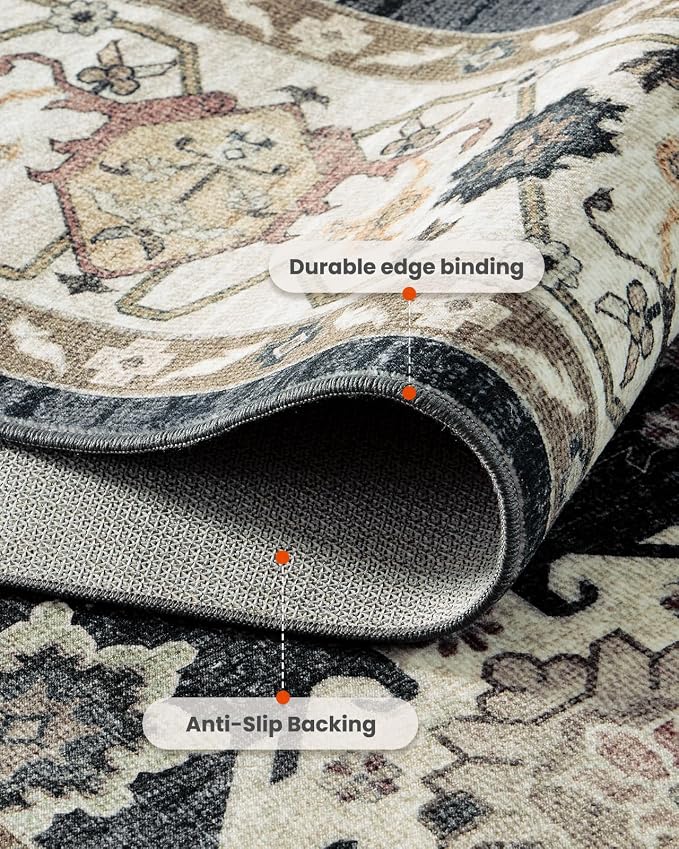 AMADA HOMEFURNISHING 8x10 Area Rug for Living Room, Vintage Washable Area Rug Low-Pile & Non-Slip Carpet for Bedroom Dining Room Nursery Home Office, Black/Brown