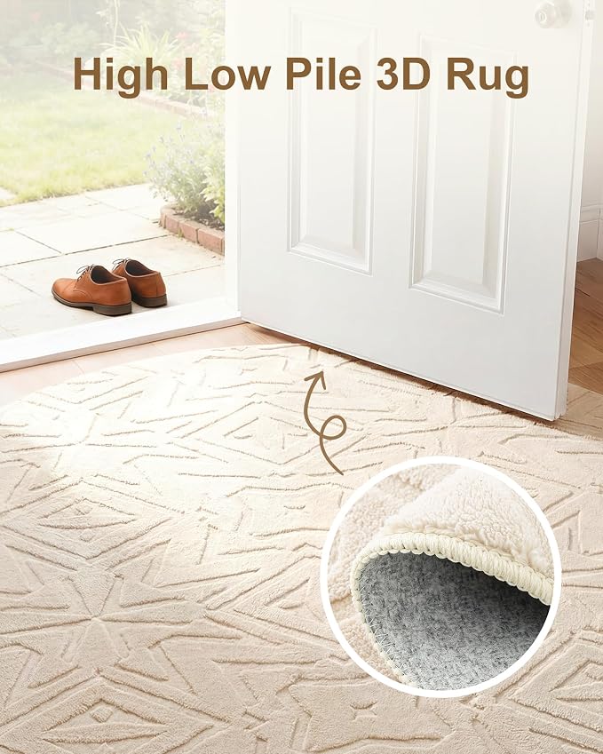 Carvapet 5.2' Round Rug Washable High Low Pile Area Rug Soft Plush Beige Carpet for Living Room Bedroom Non Slip Indoor Floor Rug for Home Kids Nursery Decor