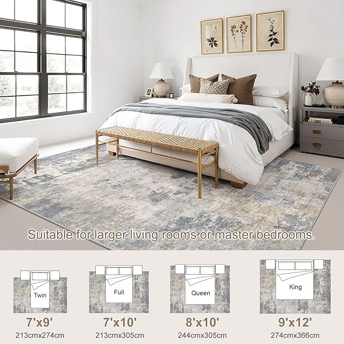 UERMEI 7x10 Area Rug Living Room Rugs - Washable Neutral Modern Abstract Soft Thin Large Rug Indoor Floor No Slip Rug Carpet for Bedroom Under Dining Table Home Office Decor - Blue Grey