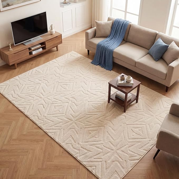 Carvapet 6x9 Area Rug - Beige Modern Kaleidoscope 3D High Low Pile Texture Floor Carpet, Luxurious Washable Soft Plush Rug with Skid-Resistant Backing for Living Room Dining Room
