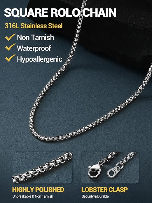 PROSTEEL Squre Rolo Link Chains, Stainless Steel/18K Gold/Black Necklace,2mm/3mm/6mm/8mm Width, Strong Lobster Clasp & Durable Chain for Mens Womens Jewelry,18"-30",with Gift Box