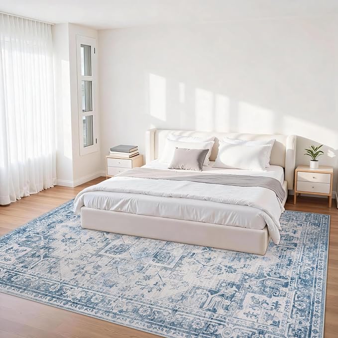 6x9 Area Rugs for Living Room:Blue Washable Vintage Medallion Boho Rug Non-Slip No Slip Stain Resistant Soft Low Pile Large Rugs Indoor Retro Carpet for Bedroom Nursery Dining Office (Blue Grey 6'x9')