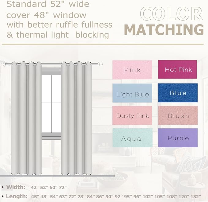 Blush Muted Pink Curtains 72 Inches Long for Kids Room Set 2 Panel Window Blackout Drape Insulated Thermal Darken Rose Gold Curtains for Christmas Bedroom Living Room Girl Baby Nursery Little Princess