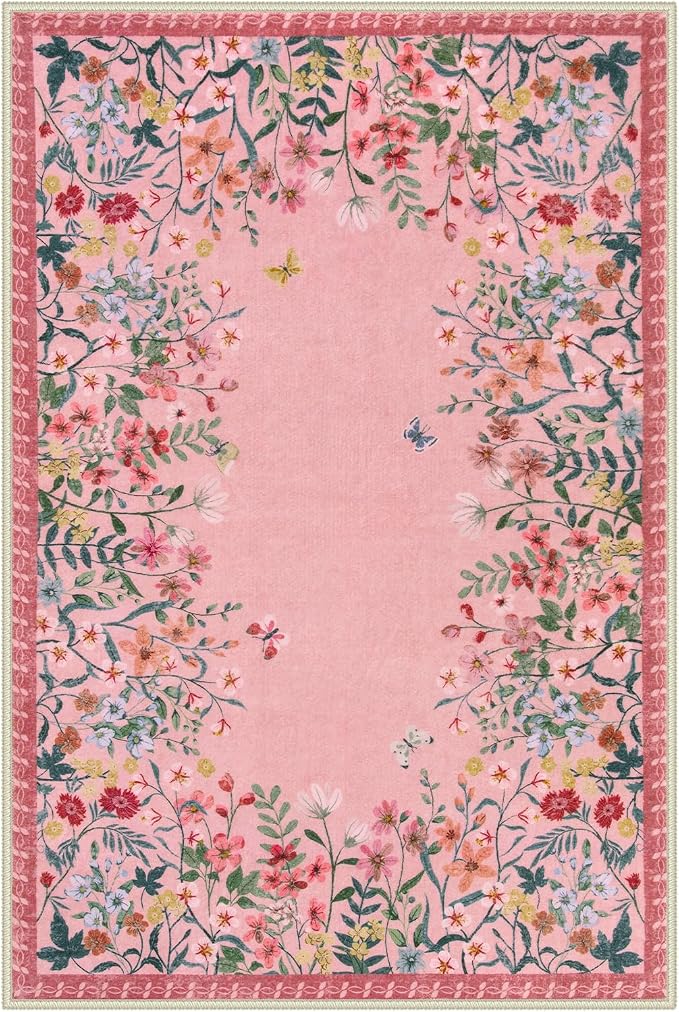 Wonnitar 2x3 Washable Area Rug, Small Pink Kitchen Mat, Boho Floral Bathroom Rug, Non Slip Accent Rug for Bedroom Bedside, Ultra Thin Laundry Door Mat Decor (2x3 Pink)