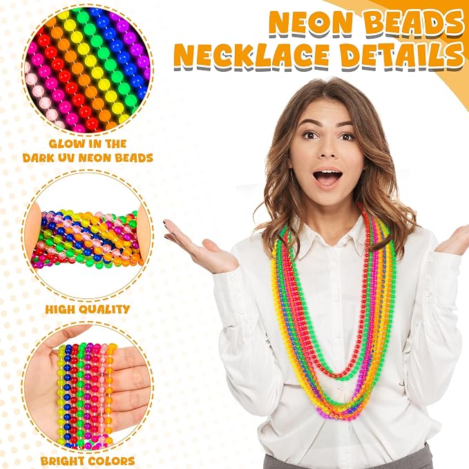 24PCS Glow in the Dark Bead Necklace, Metallic 8 Kinds of Color Light up Neon Mardi Gras Beads, 33" Light Costume Necklaces for Festival Parade Throw Accessories Wedding Birthday Party Favors Decor