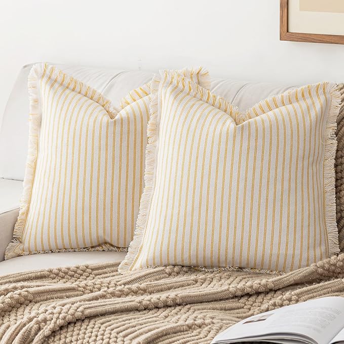 YEENAASY Throw Pillow Covers 26x26 Set of 2 Striped Fringe Pillow Cover Farmhouse Cushion Covers with Tassel Neutral Boho Pillows Decorative Square Pillowcase for Couch Sofa Bed, Yellow