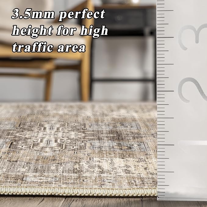 7x8 Area Rug for Living Room: Washable Ultra Thin Soft Rugs with Non-Slip Backing Oriental Easy Care Farmhouse Carpets for Bedroom Dining Room Home Office and High-Traffic Areas 7x8 Beige