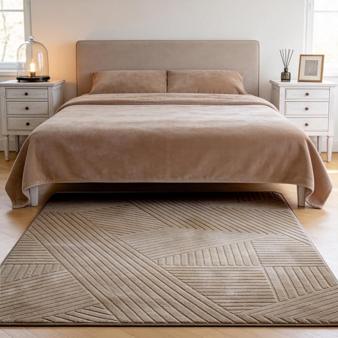 Brown 5x7 Geometric Rug for Living Room Bedroom, Washable | Fluffy High-Low Pile Textured Rug with Modern Geometric Pattern, Ultra Soft Boho Carpet for Nursery, Kids Room, Home Office