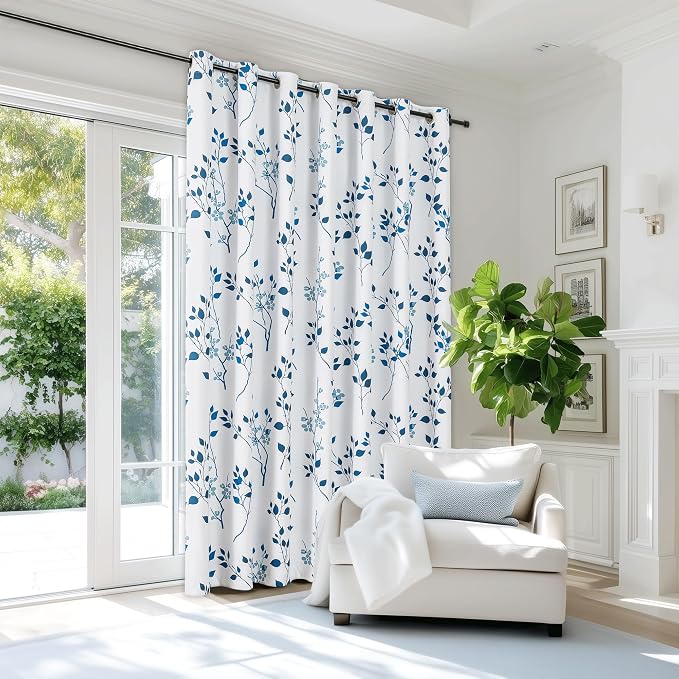 Beauoop Floral 100% Blackout Sliding Door Curtains Navy Blue 100x84 1 Set | Flower Patterned Navy White Room Darkening Patio Curtains Extra Wide Room Divider Drapes Thermal Window treatment Grommet