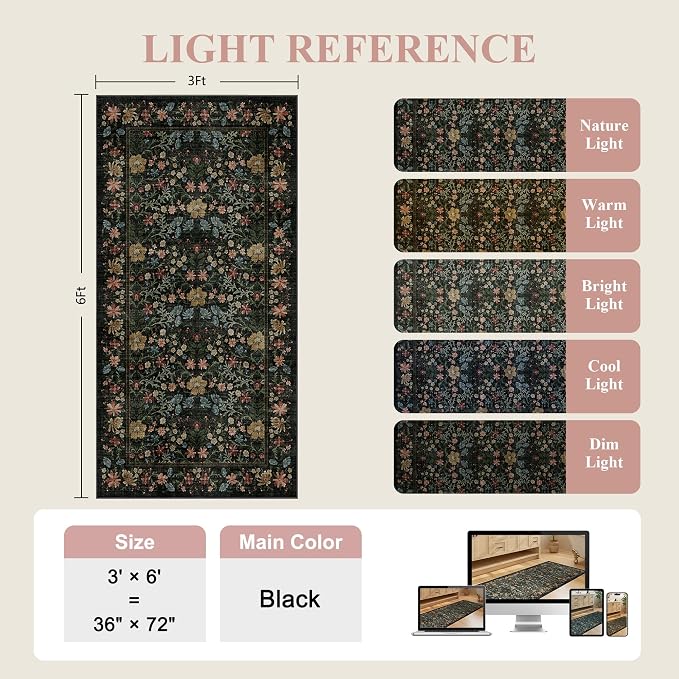 DUKINO 3x6 Kitchen Runner Rug, Washable Vintage Floral Area Rug, Black | Non Slip, Low Pile, Non-Shedding, Aesthetic Soft Indoor Carpet for Hallway Bedroom Entryway Laundry Room Bathroom Farmhouse