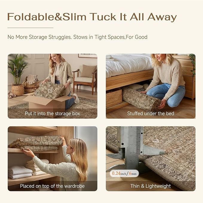 6x9 Brown Neutral Retro Area Rug | Washable, Low Pile, Floral, Soft, Non Slip, Carpet for Living Room Bedroom Dining Room Nursery Office Indoor Home Decor