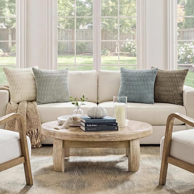Softalker Throw Pillow Covers 18x18 Inch, Set of 4, Corduroy Soft Striped Farmhouse Boho Pillow Cover, Modern Decorative Cushion Pillow Case for Couch Sofa Bedroom Living Room, Grey/Beige