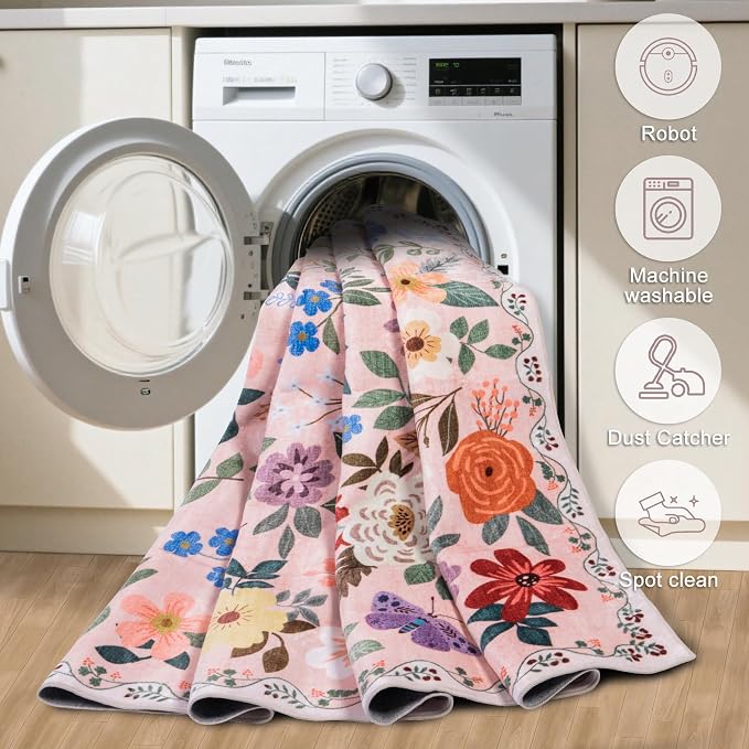 Round Area Rug for Living Room: 6 ft Floral Washable Circle Rug Soft Boho Non-Slip Carpet Indoor Stain Resistant Low Pile Small Circular Rug for Bedroom Entryway Kitchen Nursery Home Office Beige