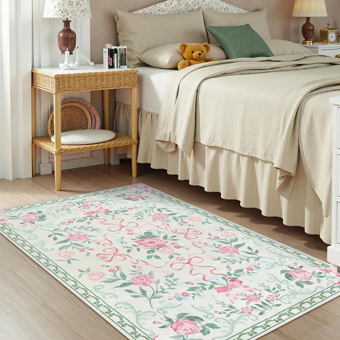 Collive 3x5 Nursery Rug, Boho Green Floral Area Rugs Machine Washable, Soft Ultra-Thin Bow Carpet Non Slip for Girls Room Bedroom Entryway Playroom Living Room (Green, 3' X 5')