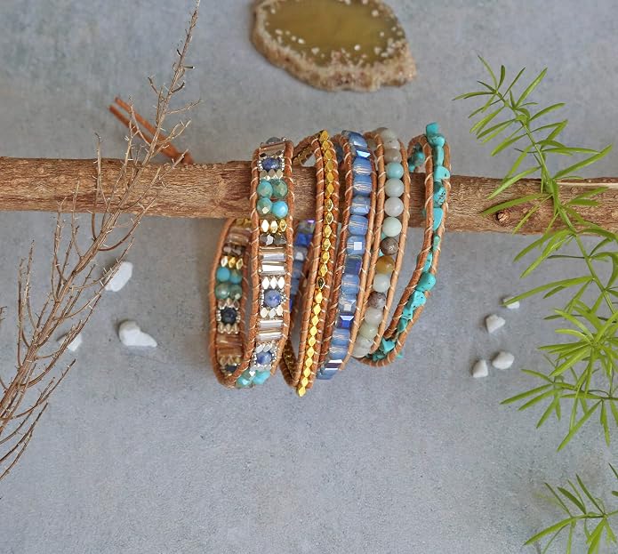 MGR MY GEMS ROCK! 35-Inch Long Multi-Layer Hand Crafted Gemstone and Crystal Multi-Stone Beaded on Genuine Leather Boho Style Stackable Super Wrap Bracelet, up to 5 Wraps.