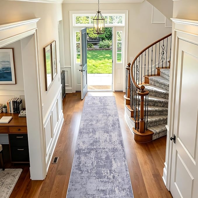 2'6x8 Runner Rug Washable Rug Vintage Abstract Hallway Runner Non-Slip Soft Low Pile Distressed Floor Carpet Retro Doormat for Kitchen Bedroom Laundry Entryway Bathroom Light Gray & Cream 2'6"x8'