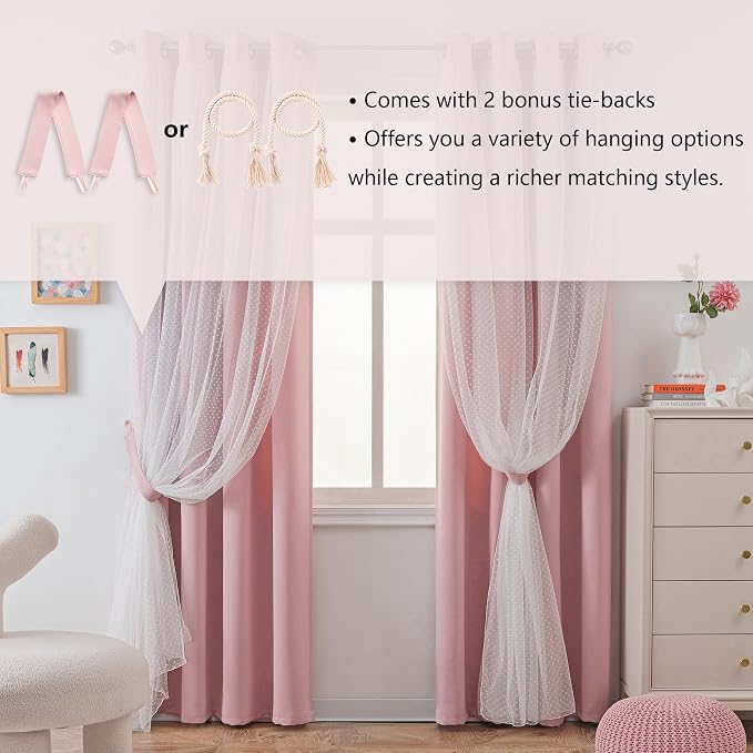 MYSKY HOME Pink Blackout Curtains for Girls Bedroom & Nursery Kids Blush Princess Double Layer Drapes, Polka Dots Sheer, Grommet Tops, 52x84 Inch, 2 Panels