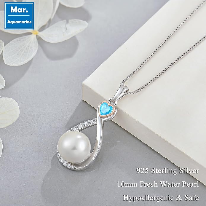 Heart Birthstone Pearl Pendant Necklace, 925 Sterling Silver Infinity Necklace with 10mm Freshwater Cultured Pearl & 4mm Gemstone Jewelry for Women