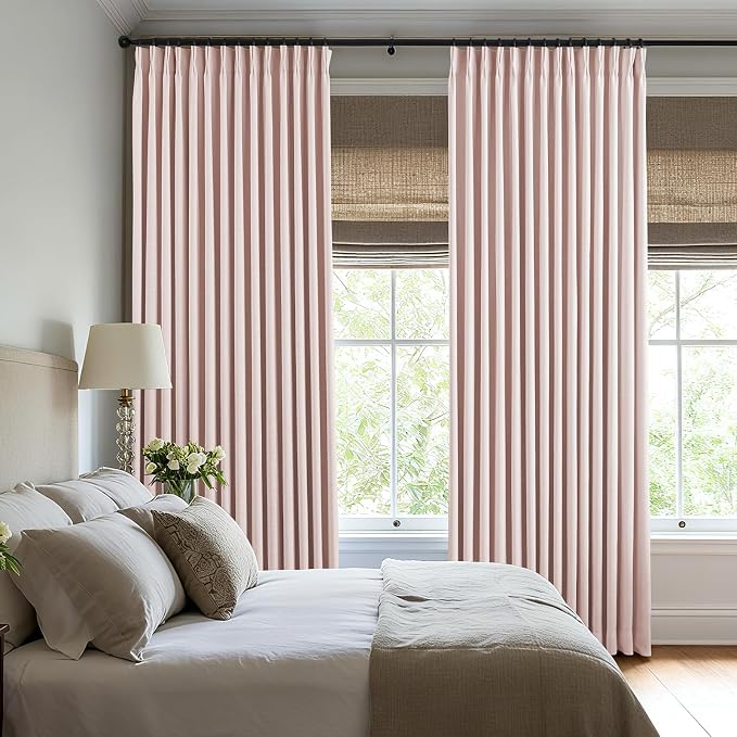 Pinch Pleated Curtains 100% Blackout Linen Curtains 90 Inches Long for Bedroom Living Room, Pink Memory Trained Thermal Insulated Room Darkening Window Pleat Drapes with Hooks, 2 Panels, 40"Wx90"L