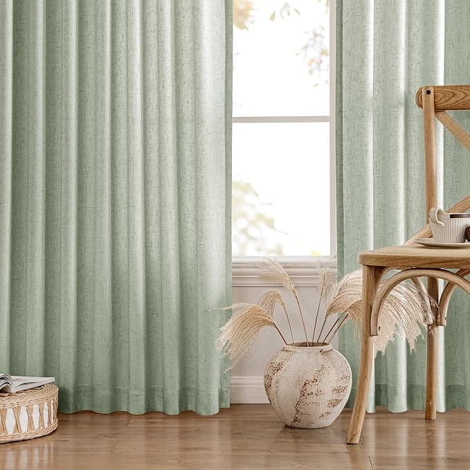 MIULEE Non-See-Through Privacy Linen Curtains 52W x 84L Inch Light Green | 2 Panels, Light Filtering, Semi Sheer Window Curtains, Farmhouse Textured, Back Tab Drapes for Bedroom Living Room
