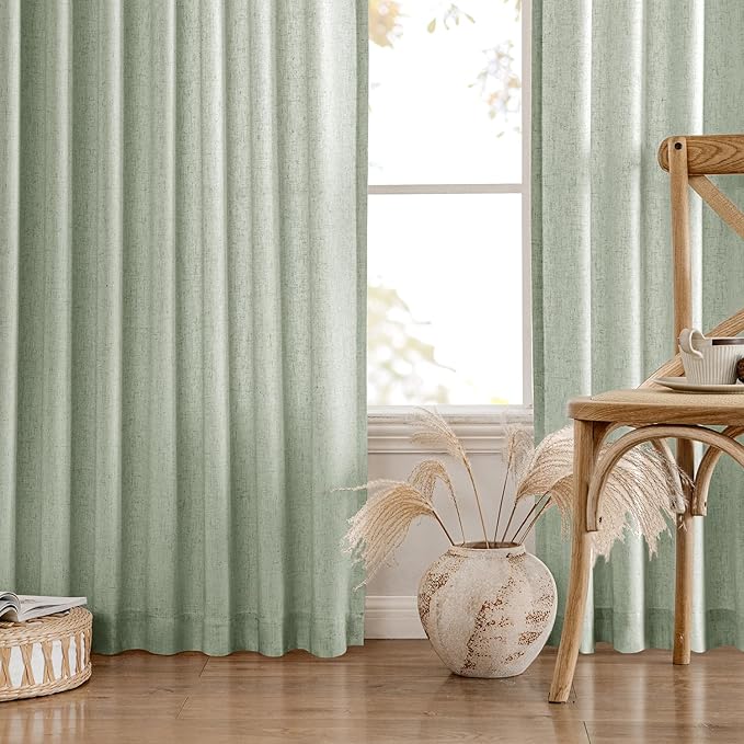 MIULEE Non-See-Through Privacy Linen Curtains 52Wx108L Inch Light Green | 2 Panels, Light Filtering, Semi Sheer Window Curtains, Farmhouse Textured, Back Tab Drapes for Bedroom Living Room