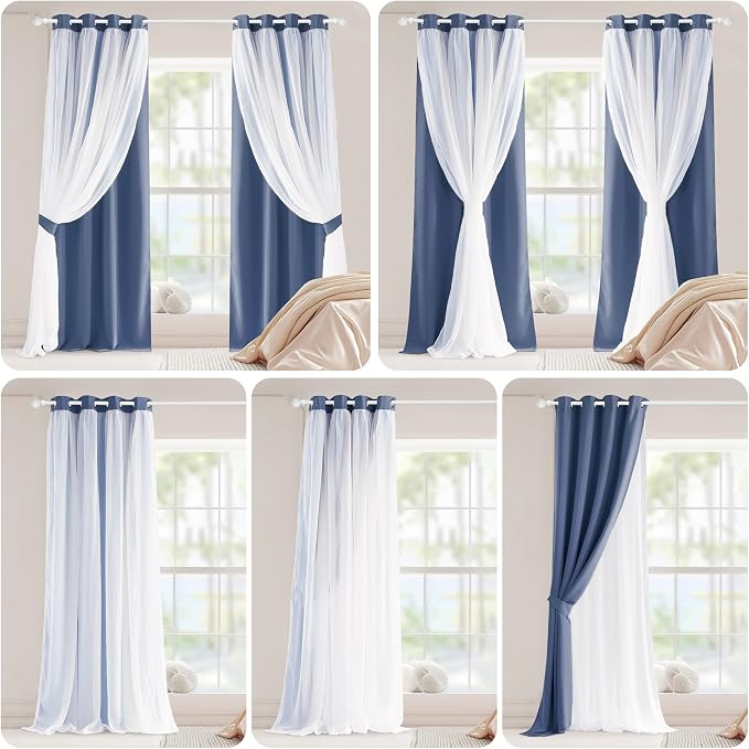 PONY DANCE Blue Haze Blackout Curtains with Sheer Overlay, Thermal Insulated Privacy Mix & Match Double Layer Room Darkneing Curtains for Bedroom, Living Room, 52W X 72L