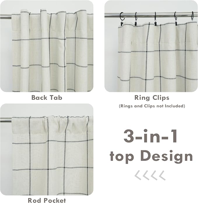 DriftAway 100% Blackout Plaid Linen Curtains 108 Inches Long 2 Panels Black | 100% Blackout, Linen Texture, Plaid Pattern, Two Layers, Rod Pocket & Back Tab, Bedroom Living Room Use, Luxury Appearance