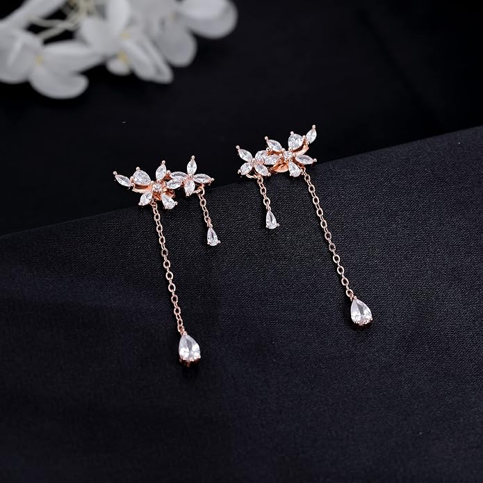 SLUYNZ 925 Sterling Silver Dainty CZ Flowers Wrap Earrings Dangle Chain for Women Elegant Dangling Earrings Bridal Earrings Wedding Engagement Drop Earrings Prom Engagement Party Jewelry