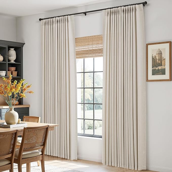 Aersas Vanilla Pinch Pleat Linen Curtains 102 Inch Long for Living Room 2 Panels Set Natural Boho Semi Sheer Light Filtering Neutral Pleated Curtain with Rings Hooks Floor Ceiling Bedroom Window