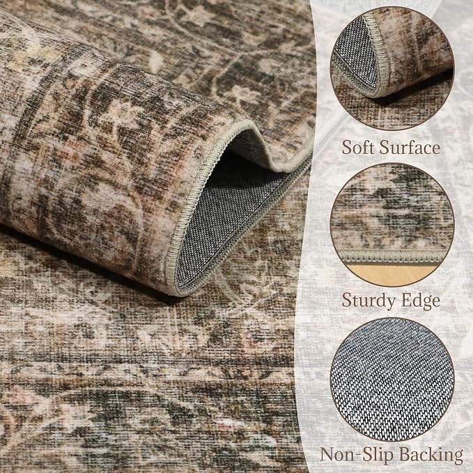 Machine Washable Rugs for Living Room: 4x4 Area Rugs for Bedroom Ultra Soft Non-Slip Low Pile Vintage Boho Large Carpet for High-Traffic Dining Room - Farmhouse Decor