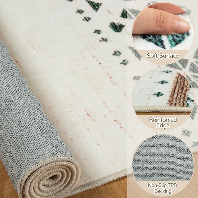 BESTSWEETIE 3x5 Area Rugs for Living Room Washable Moroccan Farmhouse Neutral Geometric Low Pile Non-Slip Soft Print Pattern Rug for Bedroom Kitchen Dining Room Entryway Green/Brown
