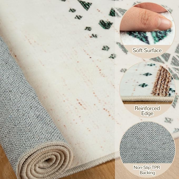 BESTSWEETIE 4x6 Area Rugs for Living Room Washable Moroccan Farmhouse Neutral Geometric Low Pile Non-Slip Soft Print Pattern Rug for Bedroom Kitchen Dining Room Entryway Green/Brown