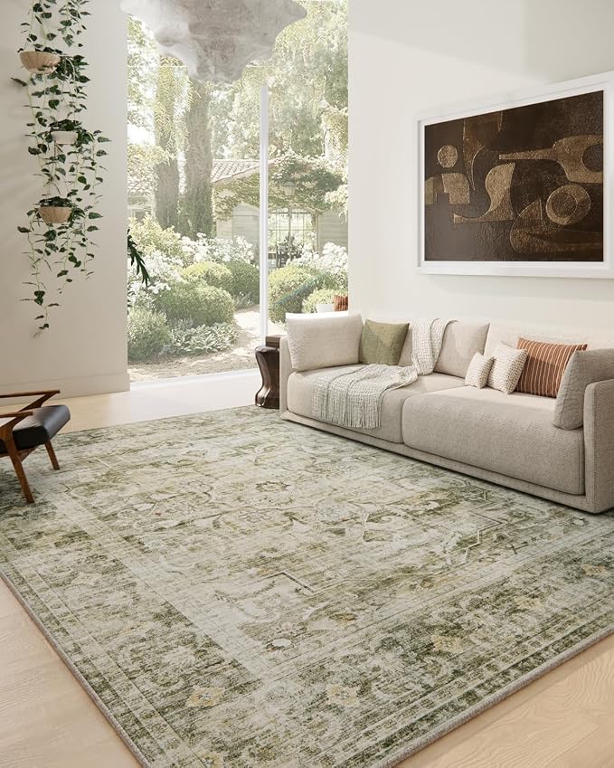 Area Rugs 9x12 Living Room: Washable Bedroom Rug Non Slip Low Pile Soft Faux Wool Non Shedding Distressed Vintage Boho Large Carpet for Dining Room Under Table Kitchen Nursery Entryway Office Indoor