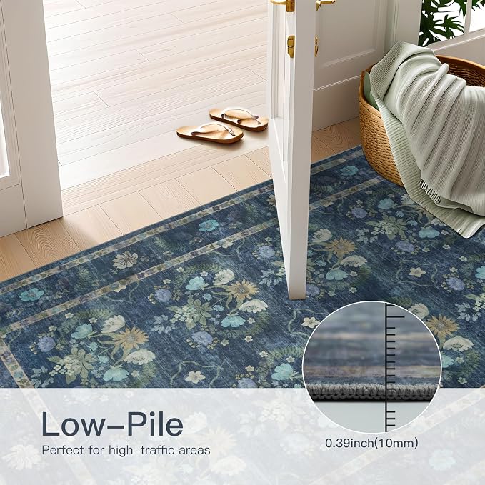8x10 Floral Washable Area Rug, Blue Floral | Living Room,Low Pile Non Slip Girls Carpet Non-Shedding Soft Indoor Stain Resistant Vintage Kids Mat for Bedroom Dining Room