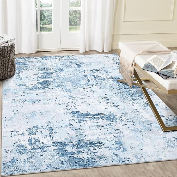 ROYHOME Area Rug 10x13 for Living Room Modern Abstract, Blue | Accent Faux Wool Low Pile Ultra Soft Rug Stain Resistant Non Slip Non Shedding Throw Rug for Bedroom Home Decor