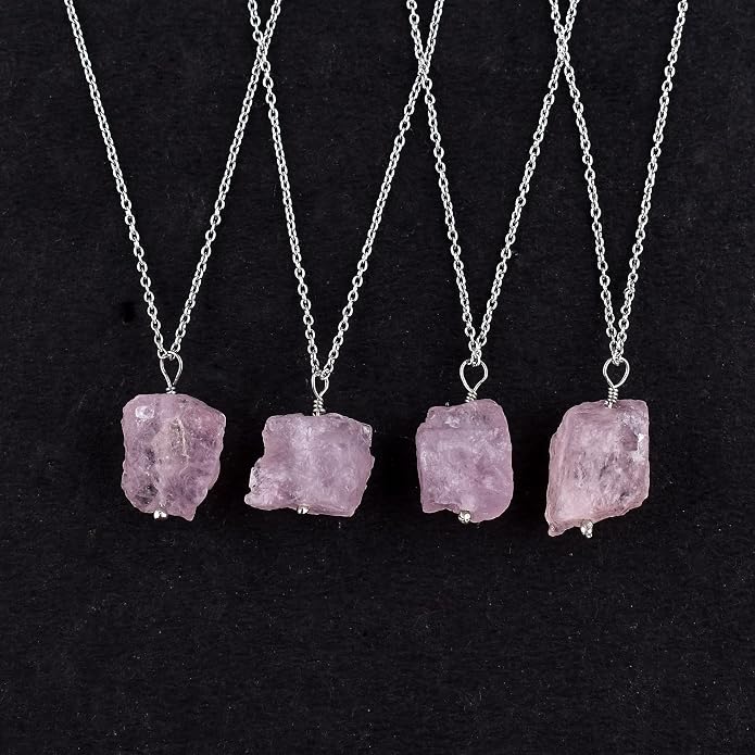 Natural Raw Crystal Rough Gemstone Pendant Necklace For Women, Chakra Healing Stones, Birthstone Jewelry, Rhodium Plated 925 Sterling Silver Chain 18 inch, Birthday Gift