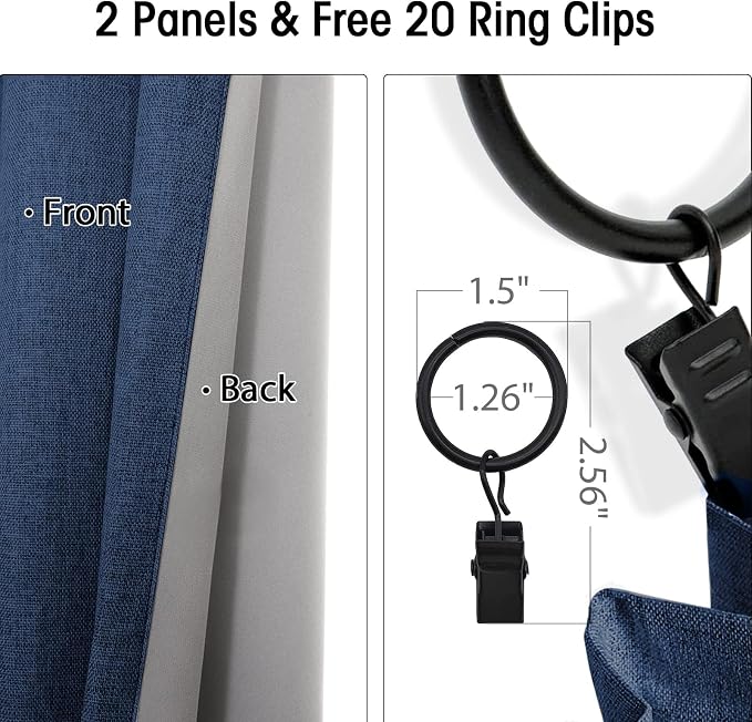 INOVADAY 100% Blackout Curtains for Bedroom, Navy Blue Black Out Curtains 84 Inch Long, Clip Rings Linen Blackout Drapes, Thermal Insulated Room Darkening for Living Room, 2 Panels - W50xL84