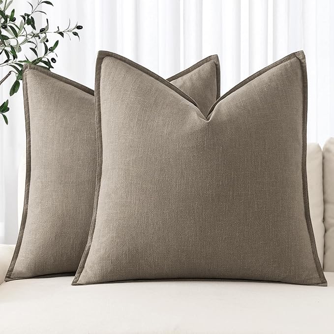 MIULEE Decorative Linen Pillow Covers 18x18 Inch Tan Taupe | Boho Farmhouse Neutral Couch Throw Pillows for Bed, Pack of 2 Accent Modern Pillowcases, Sofa Livingroom Home Decor