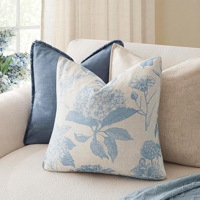 Foindtower Set of 2 Linen Floral Vintage Throw Pillow Covers Neutral Accent Decorative Cozy Cushion Covers Farmhouse Boho Home Decor for Sofa Chair Couch Bedroom Living Room,24×24 Inch,Sky Blue