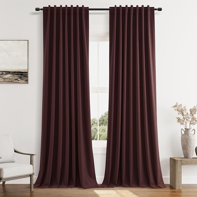 Guken 100% Blackout Curtains 84 Inch Length 2 Panels Set for Living Room Bedroom Back Tab Thermal Insulated Black Out Linen Drapes Room Darkening Reddish Brown,52x84