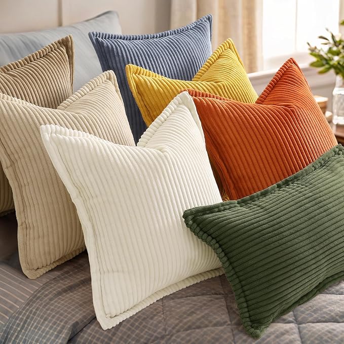 decorUhome Fall Corduroy Olive Green Throw Pillow Covers 20x20 Set of 2 | Couch Decorative Soft Modern Boho Farmhouse Pillow Covers Broadside Striped Pillow Cases for Living Room Bed Sofa