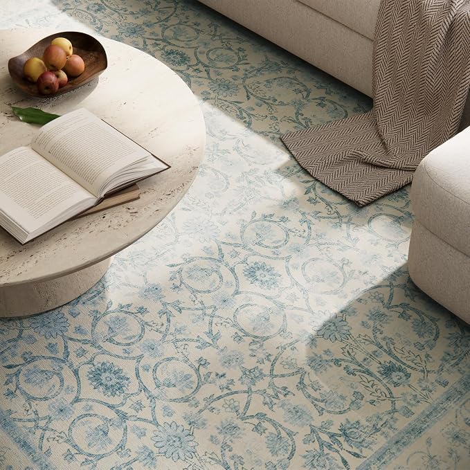 Washable Rugs for Living Room: 5x7 Area Rugs for Bedroom Ultra Soft Non-Slip Low Pile Vintage Boho Large Carpet for High-Traffic Dining Room - Farmhouse Decor