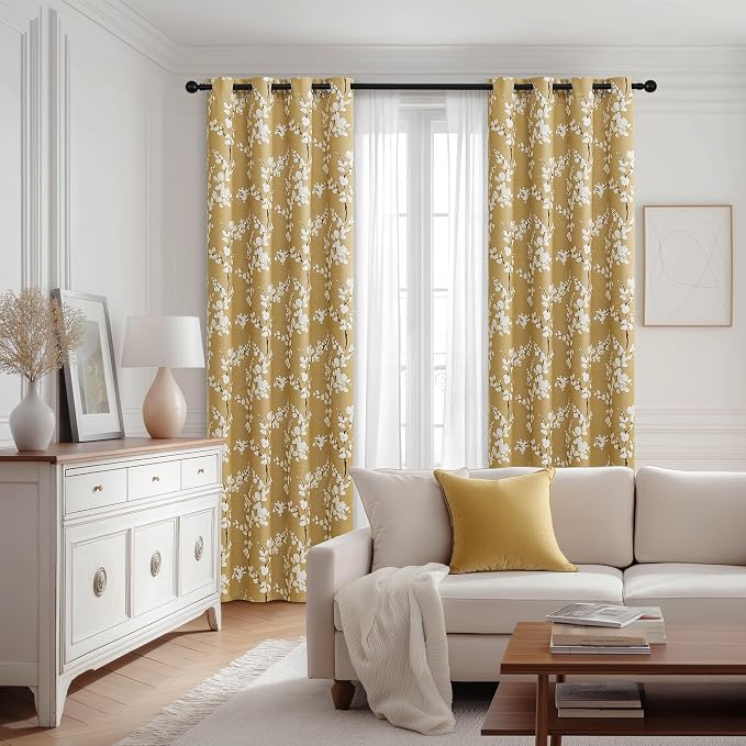 FMFUNCTEX 100% Blackout Yellow Floral Curtains 63 Inch Grommet 2 Panels | Black Out Drapes, Thermal Insulated Cottage Farmhouse, Blossom Flower Patterned Curtain for Bedroom, Living Room Darkening