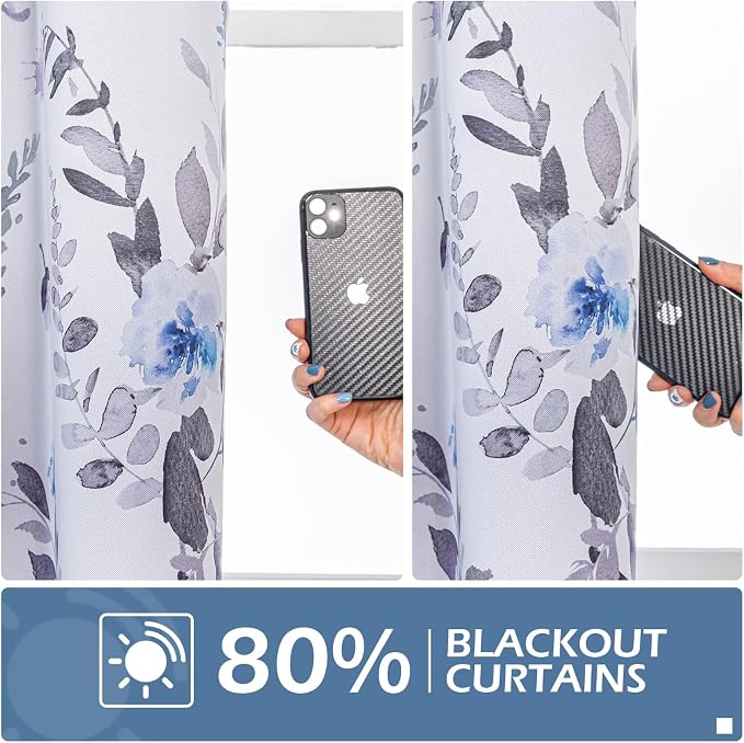MYSKY HOME Floral Blackout Curtains 90 inch Long 2 Panels Set Thermal Insulated Room Darkening Drapes Grommet Top for Living/Dining Room, Grey and Blue, 52" W Each Panel